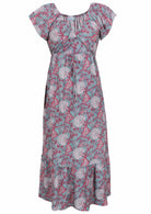 Blue based pink and white floral print rayon dress with elasticated neckline.