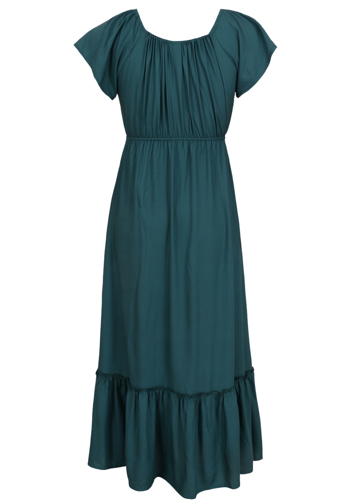 Back View Teal dress with ruffled sleeves and bottom on a white background