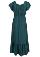 Back View Teal dress with ruffled sleeves and bottom on a white background