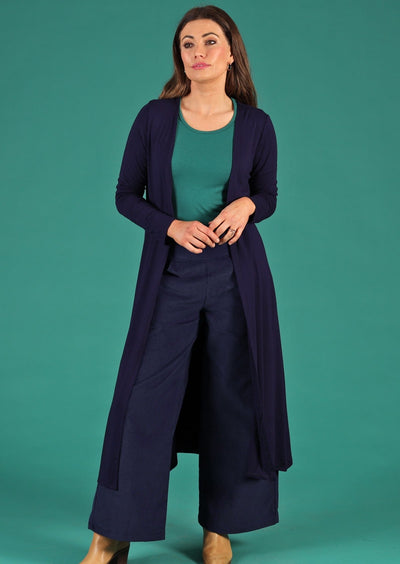 Duster cardigan open front long sleeve long length soft stretch jersey navy blue | Karma East Australia