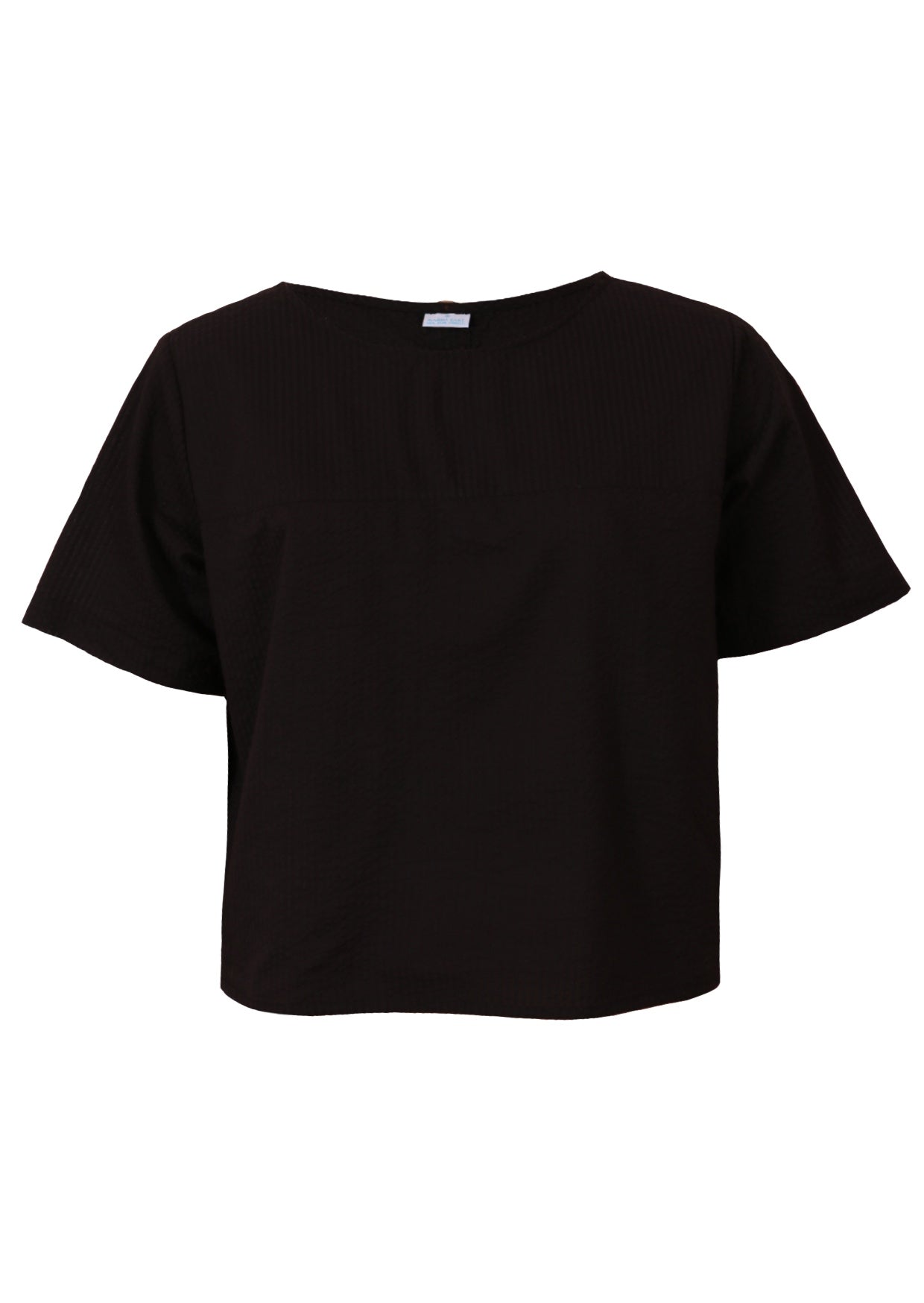 Black non-stretch cotton seersucker t-shirt style top