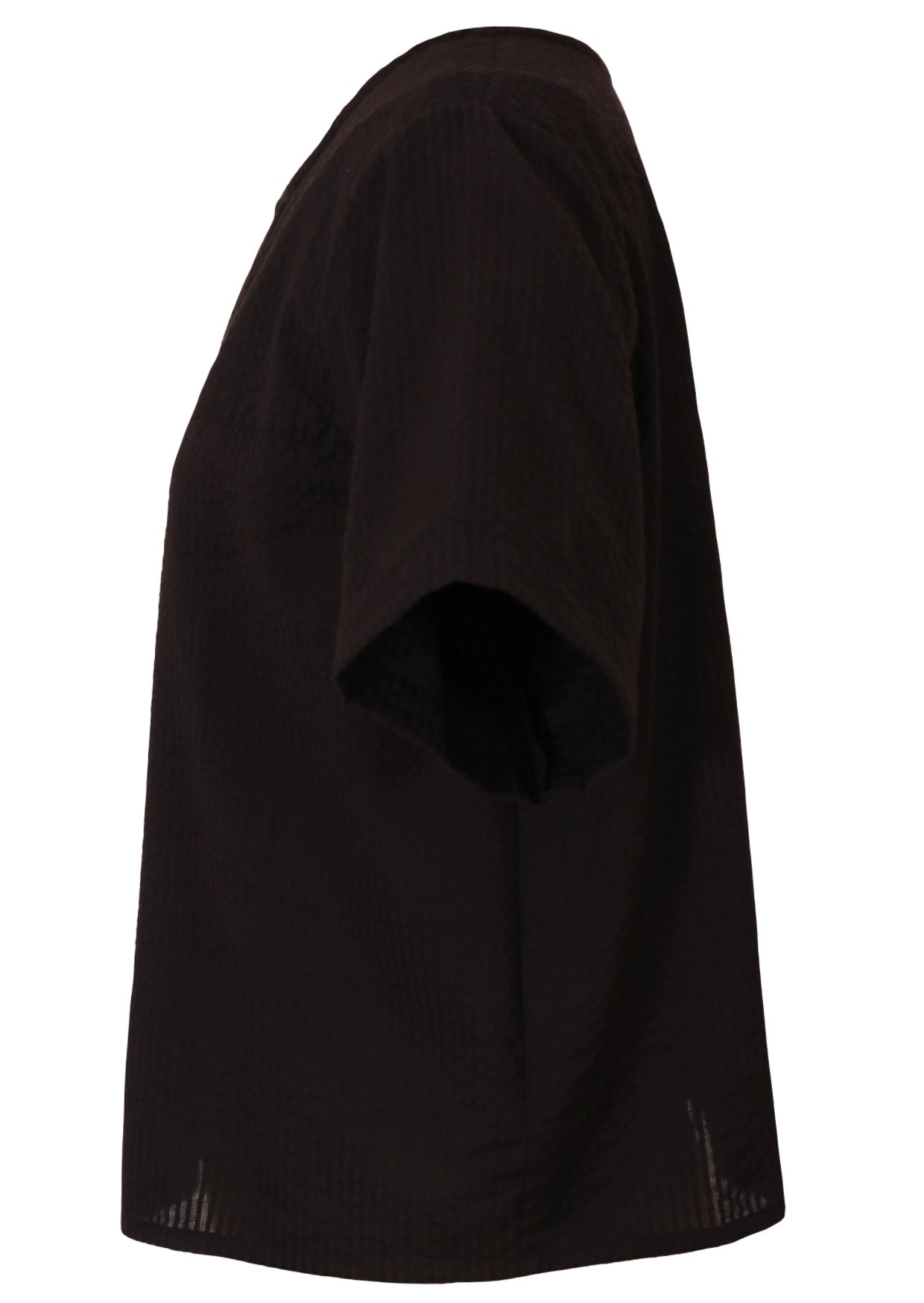 Black non-stretch cotton seersucker top with short sleeves