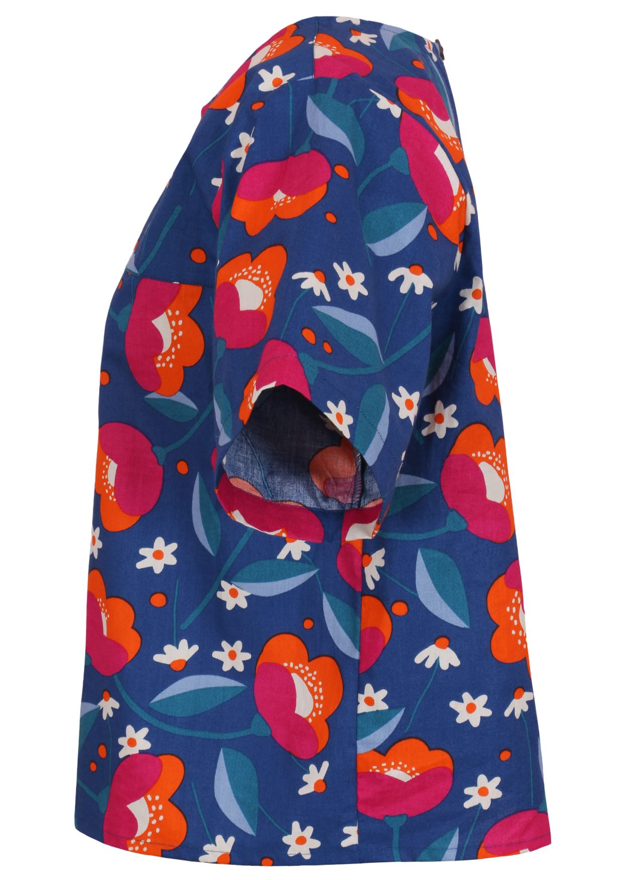 Side view of royal blue based floral print cotton relaxed fit short sleeved top with round neckline