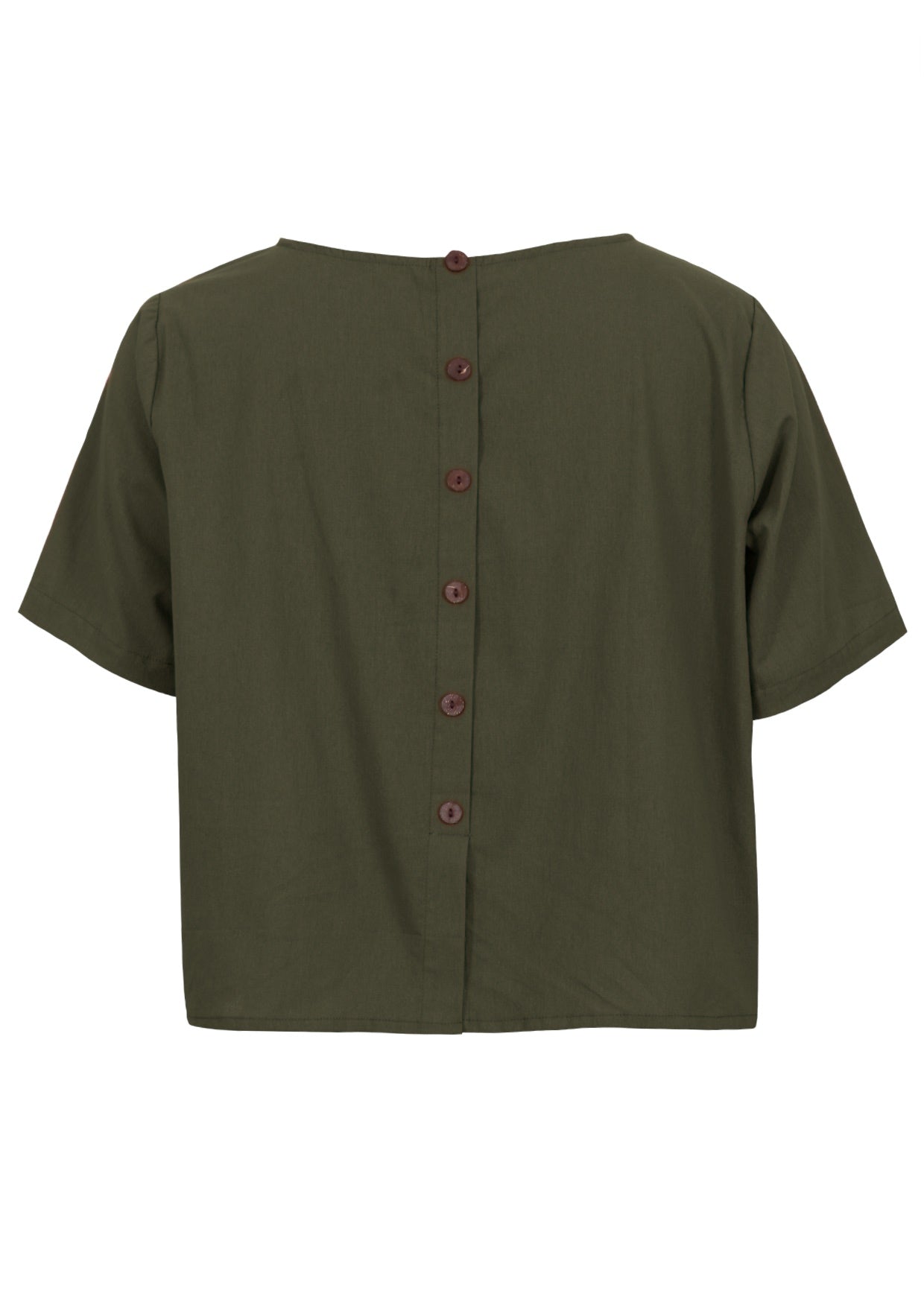 100% cotton olive green shade short sleeve top with round neckline and non functional buttons down the back
