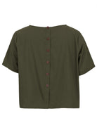 100% cotton olive green shade short sleeve top with round neckline and non functional buttons down the back