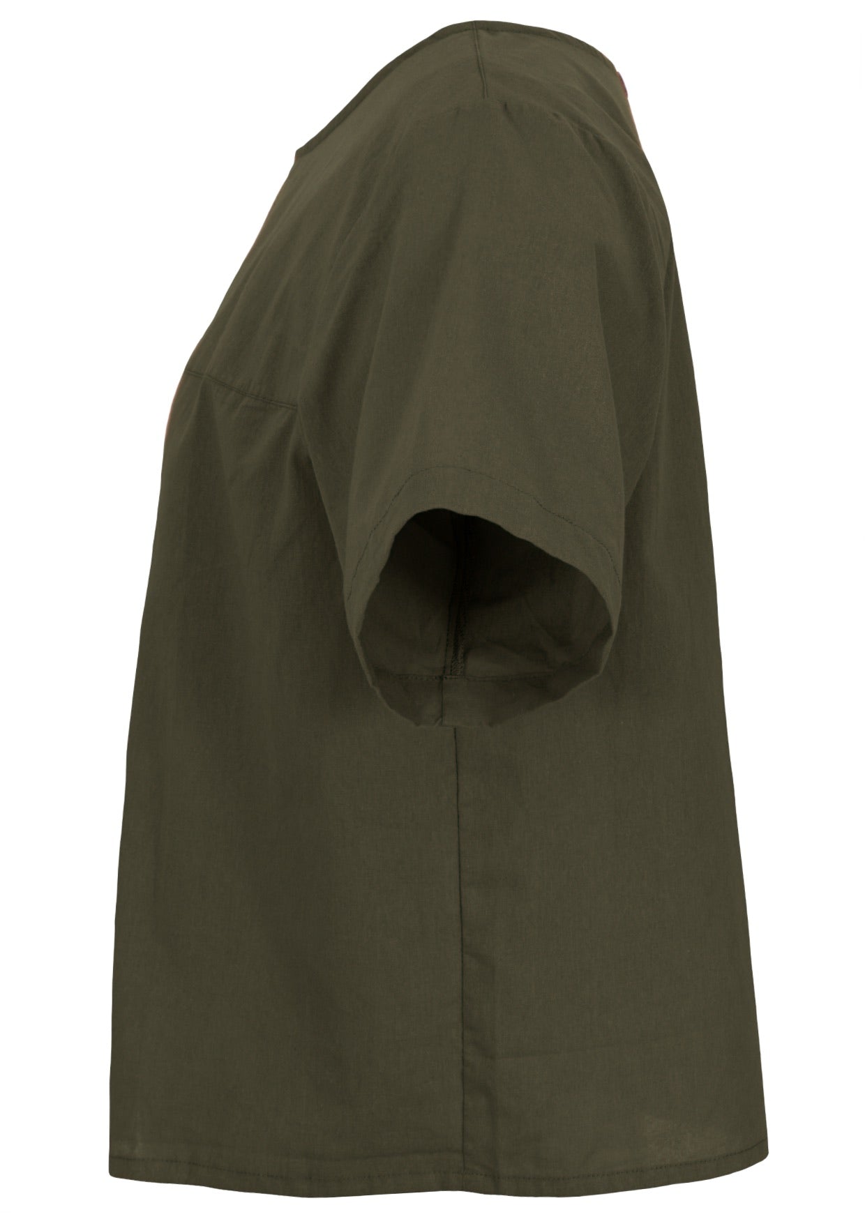 100% cotton olive green shade short sleeve top with round neckline 