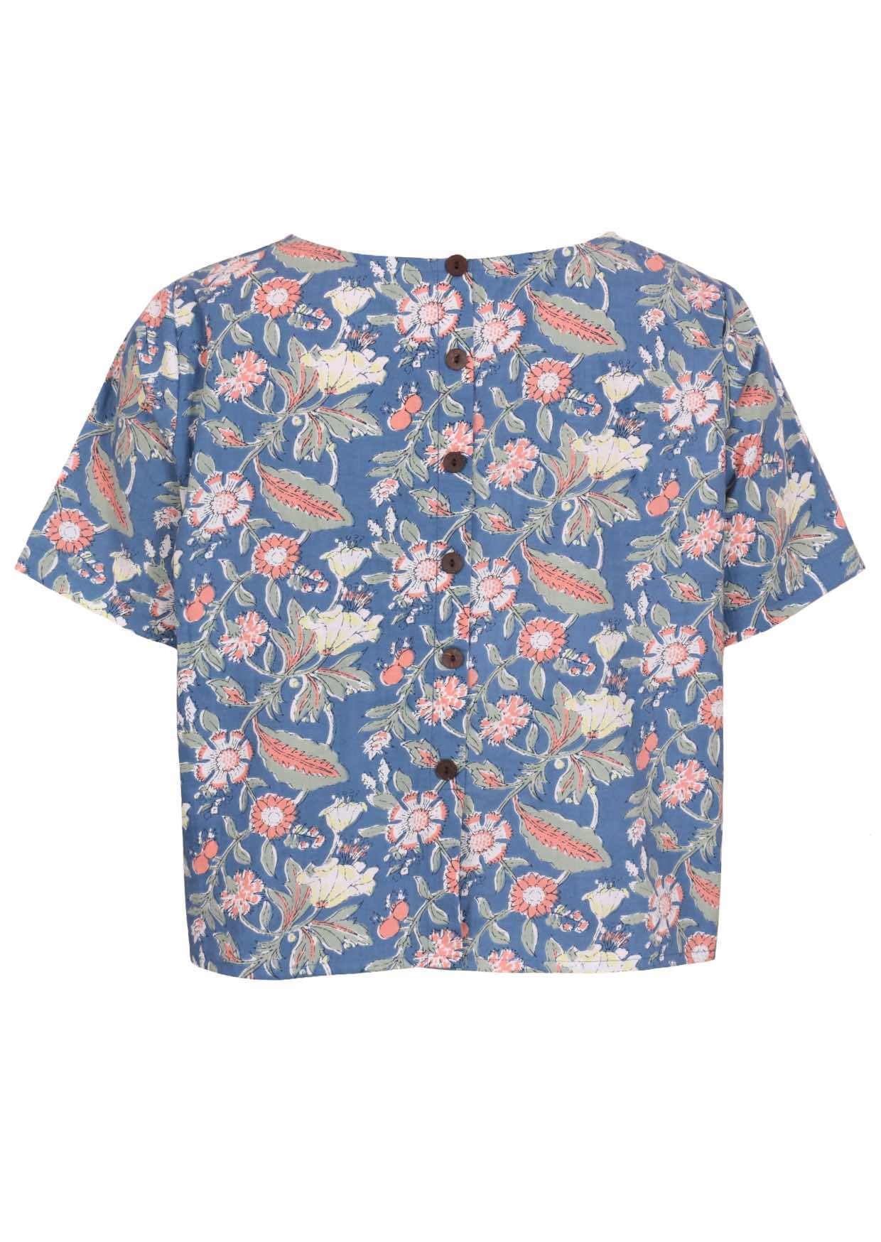 Dusty blue based floral print cotton relaxed fit top with short sleeves and decorative buttons, centre back