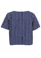 Back view of navy blue based print with white stripes cotton relaxed fit short sleeved top with round neckline