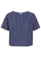 Navy blue based print with white stripes cotton relaxed fit short sleeved top with round neckline