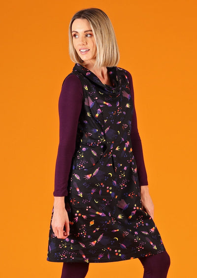 Model wears fun space themed print cotton tunic
