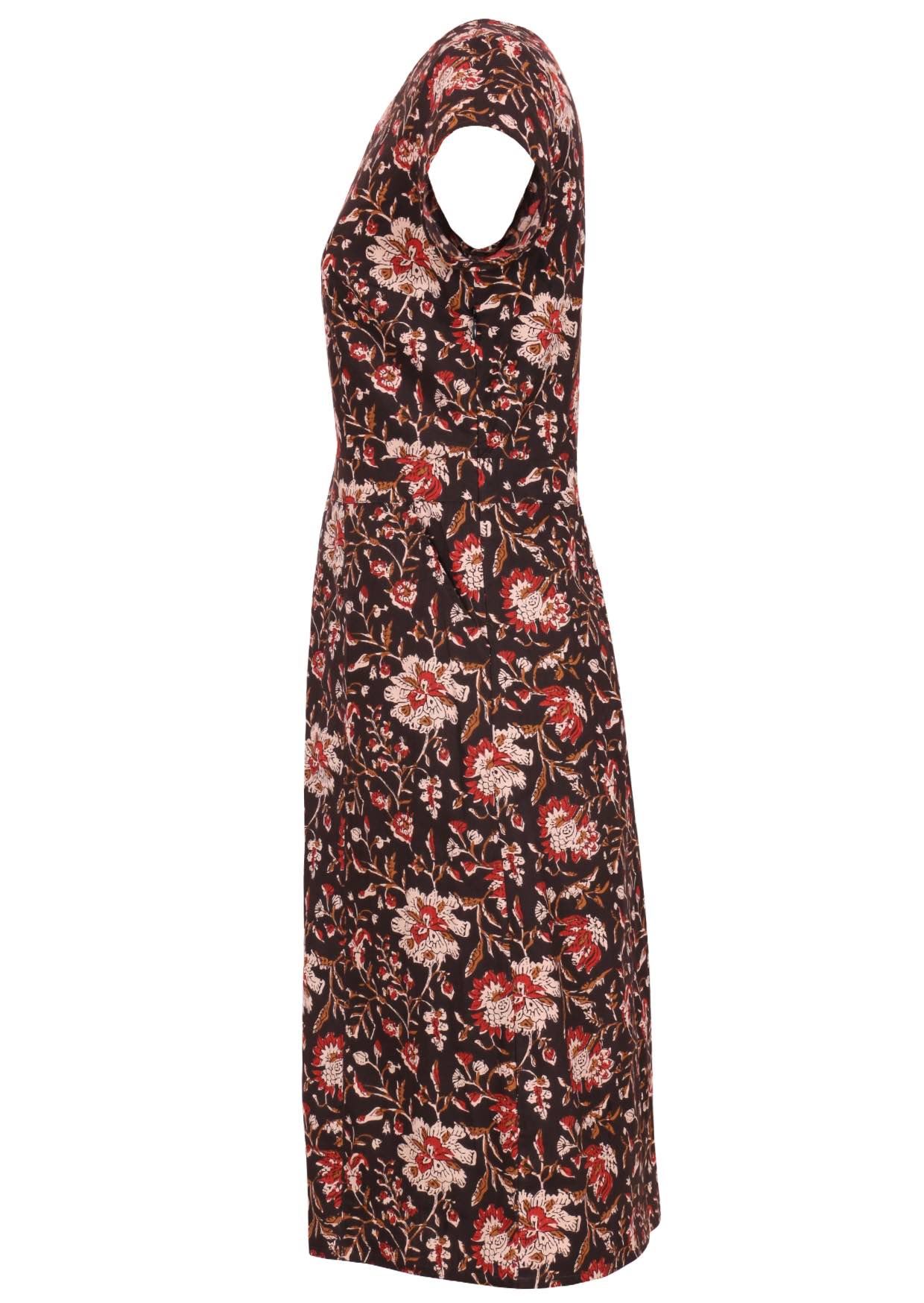 Black based traditional Indian floral print cotton dress with pockets.