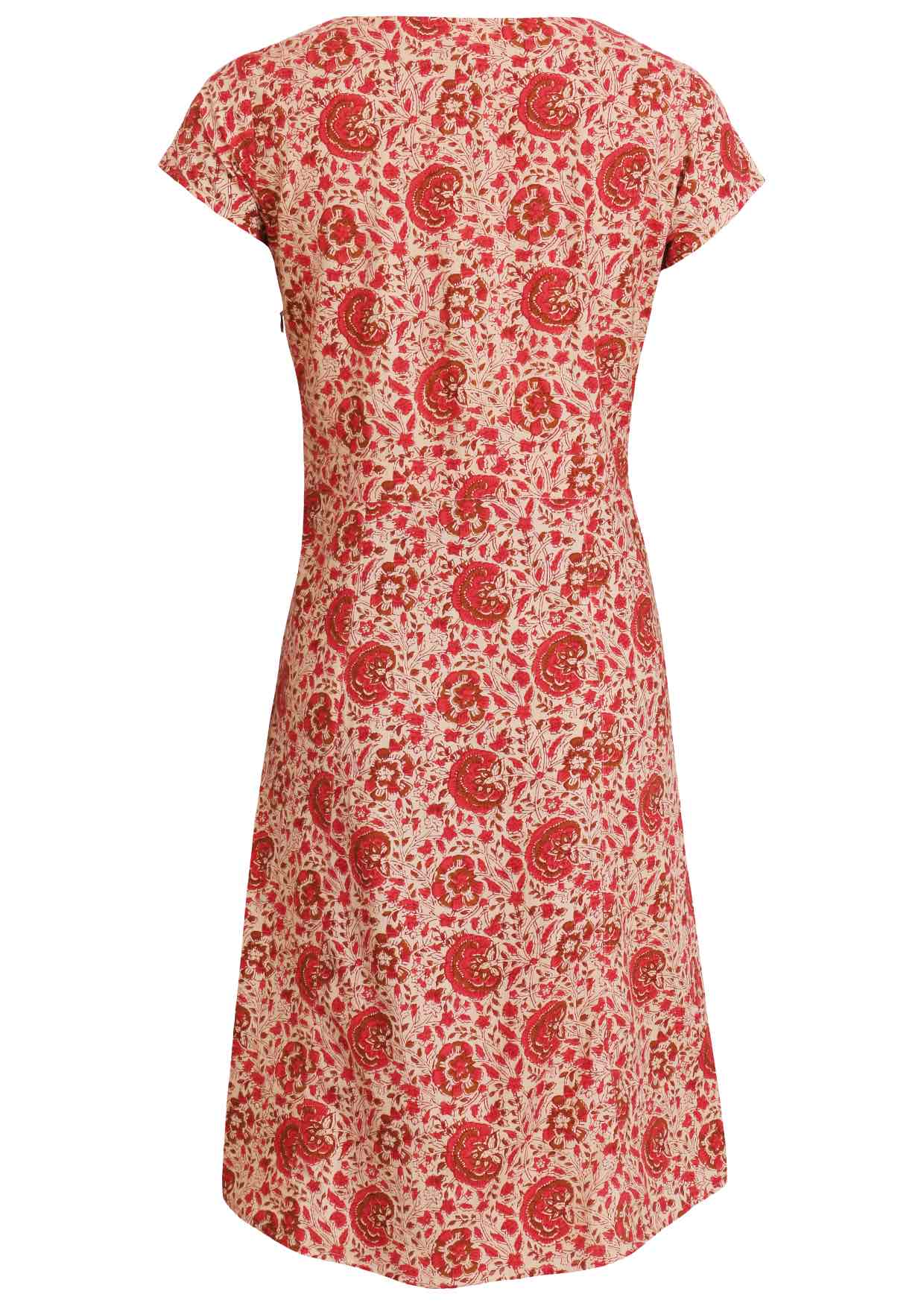 Back view of floral cotton dress with cream based floral print. 