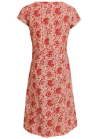 Back view of floral cotton dress with cream based floral print. 