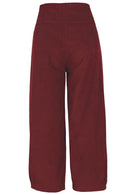 Back view of 100% cotton wide leg cotton corduroy pant in Cabernet with pockets.