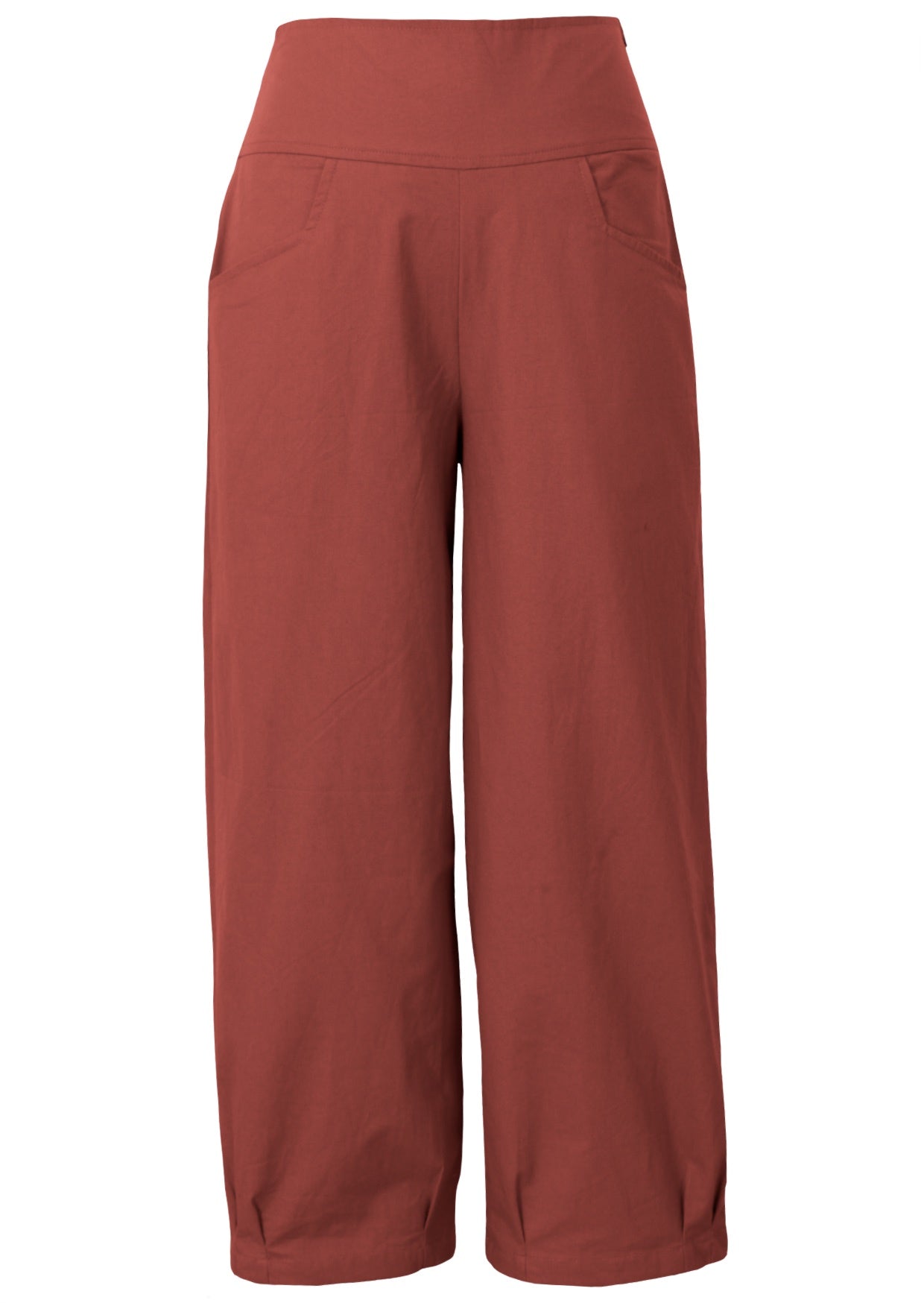 Reddish-brown wide-leg cotton pants with  pleated ankles, pockets and side zipper 