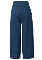 Dark blue wide leg cotton pants with pleated ankles, pockets and side zipper 