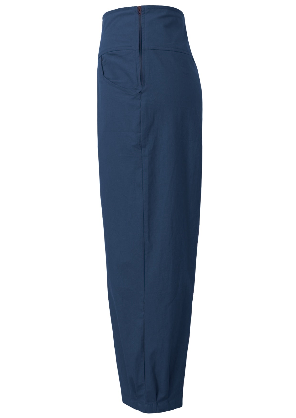 Side view of deep sea blue high waisted cotton pants with wide leg fit, side zipper and pockets 