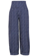 Front view of 100% cotton wide leg cotton pant with navy blue based print