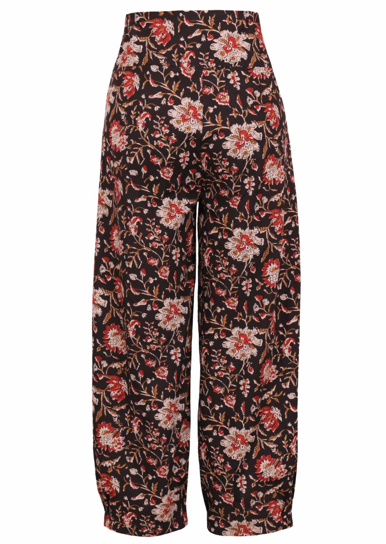Back view of 100% cotton wide leg cotton pant with black based floral print with pockets.