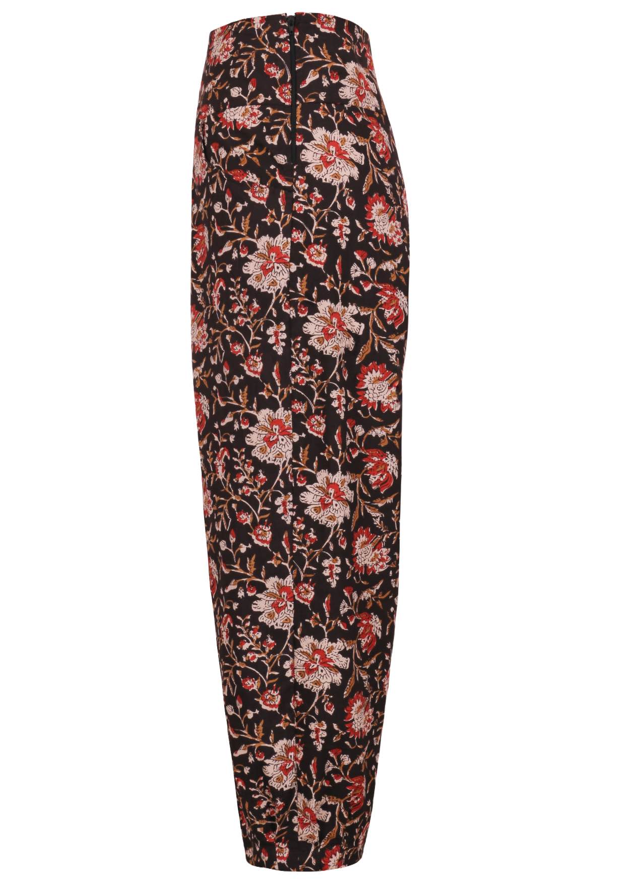 Side view of 100% cotton wide leg cotton pant with black based floral print with side zip.