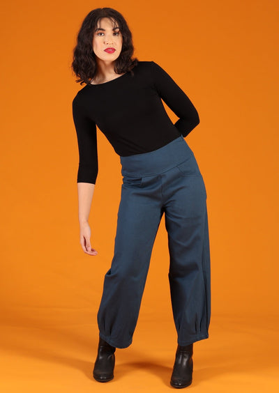 wide leg with tapered ankle blue cotton drill pants