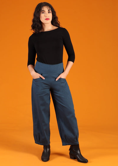 Nova Pants Majolica Blue 100% cotton drill wide leg tapered ankle with box pleats wide waistband with hidden side zip and pockets | Karma East Australia