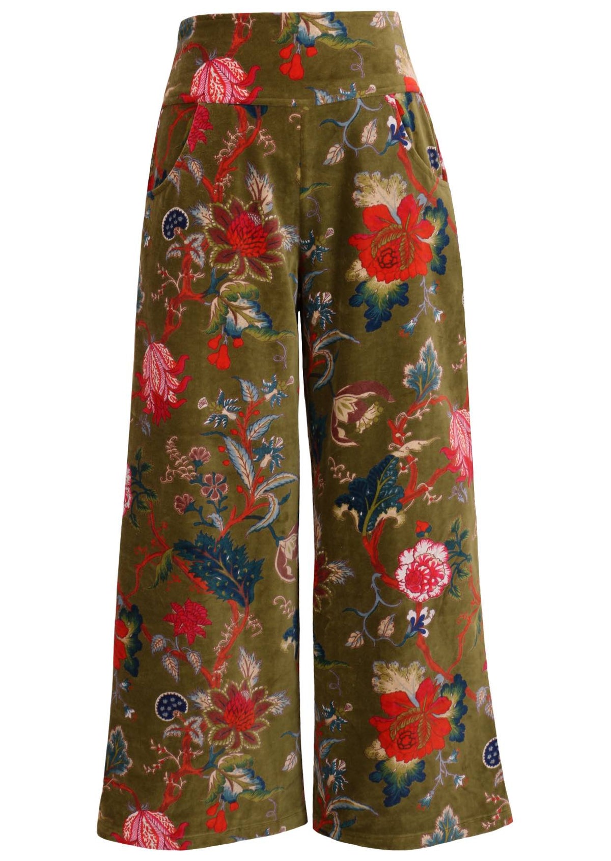 Moss green based multi-colour floral velvet wide leg full length pants with pockets