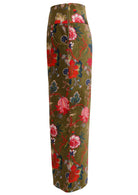 Side view of moss green based multi-colour floral velvet wide leg full length pants with pockets and a side zip