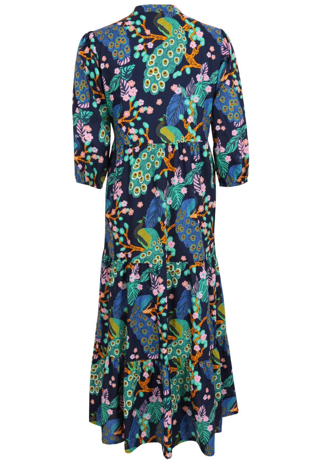 Back view of navy blue based floral printed cotton maxi dress with mandarin collar and 3/4 sleeves