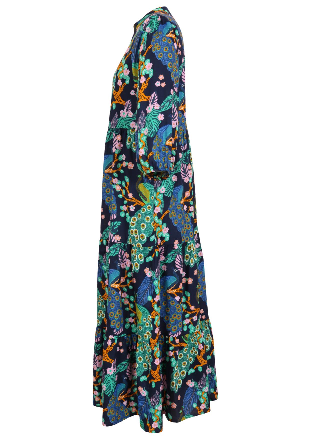 Navy blue floral patterned maxi dress with three tiered flowy skirt, pockets and 3/4 sleeves