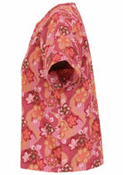 Japanese-style print cotton top in pink, maroon, brown, peach, and khaki tones with short sleeves.