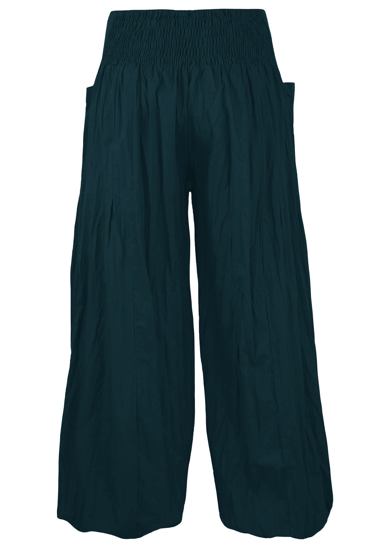 back view 100% cotton harem pants in deep teal