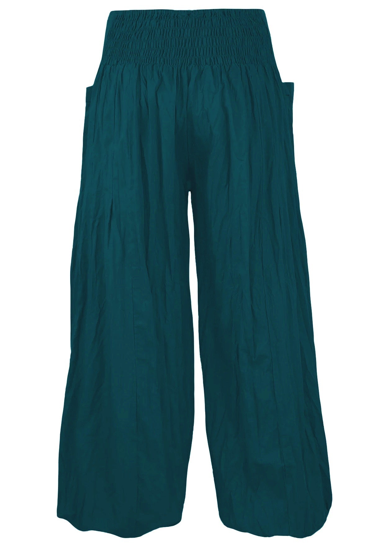 back view 100% cotton harem pants in deep teal