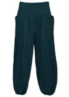 Deep teal loose fit 100% cotton pants with wide flat front waistband and pockets