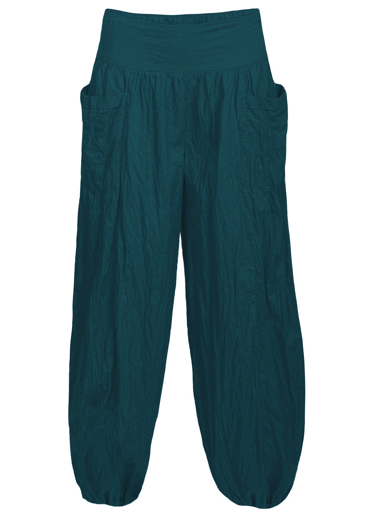 Deep teal loose fit 100% cotton pants with wide flat front waistband and pockets