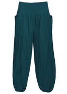 Deep teal loose fit 100% cotton pants with wide flat front waistband and pockets