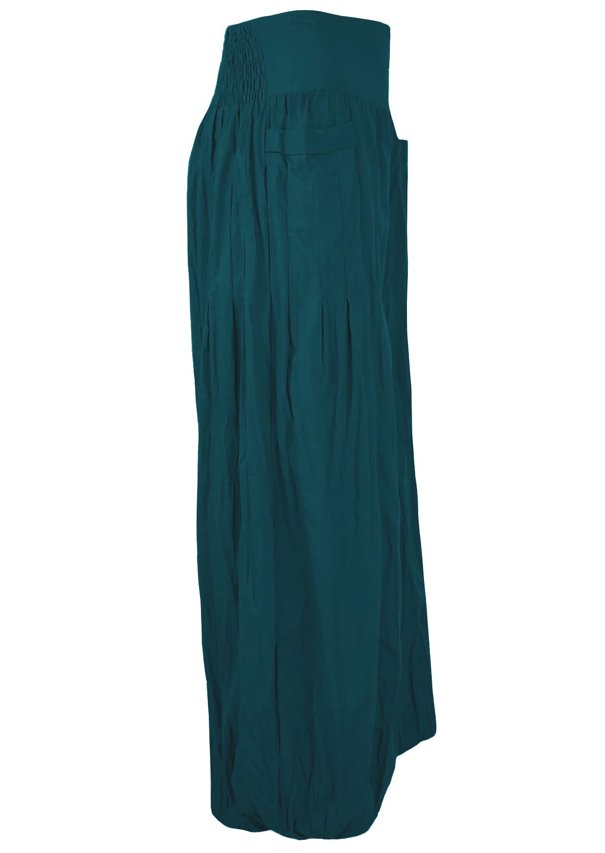 side view 100% cotton harem pants in deep teal