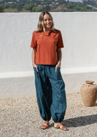 Pilot Pants high-mid waist waistband elasticated back flat front loose fitted leg elasticated at ankles front pockets 100% cotton light weight deep teal