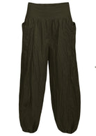 Olive green loose fit 100% cotton pants with wide flat front waistband and pockets