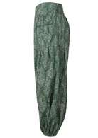 Sage green based floral print cotton harem pants with elasticated back waistband.