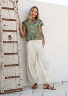 Pilot Pants high-mid waist waistband elasticated back flat front loose fitted leg elasticated at ankles front pockets 100% cotton light weight Natural White