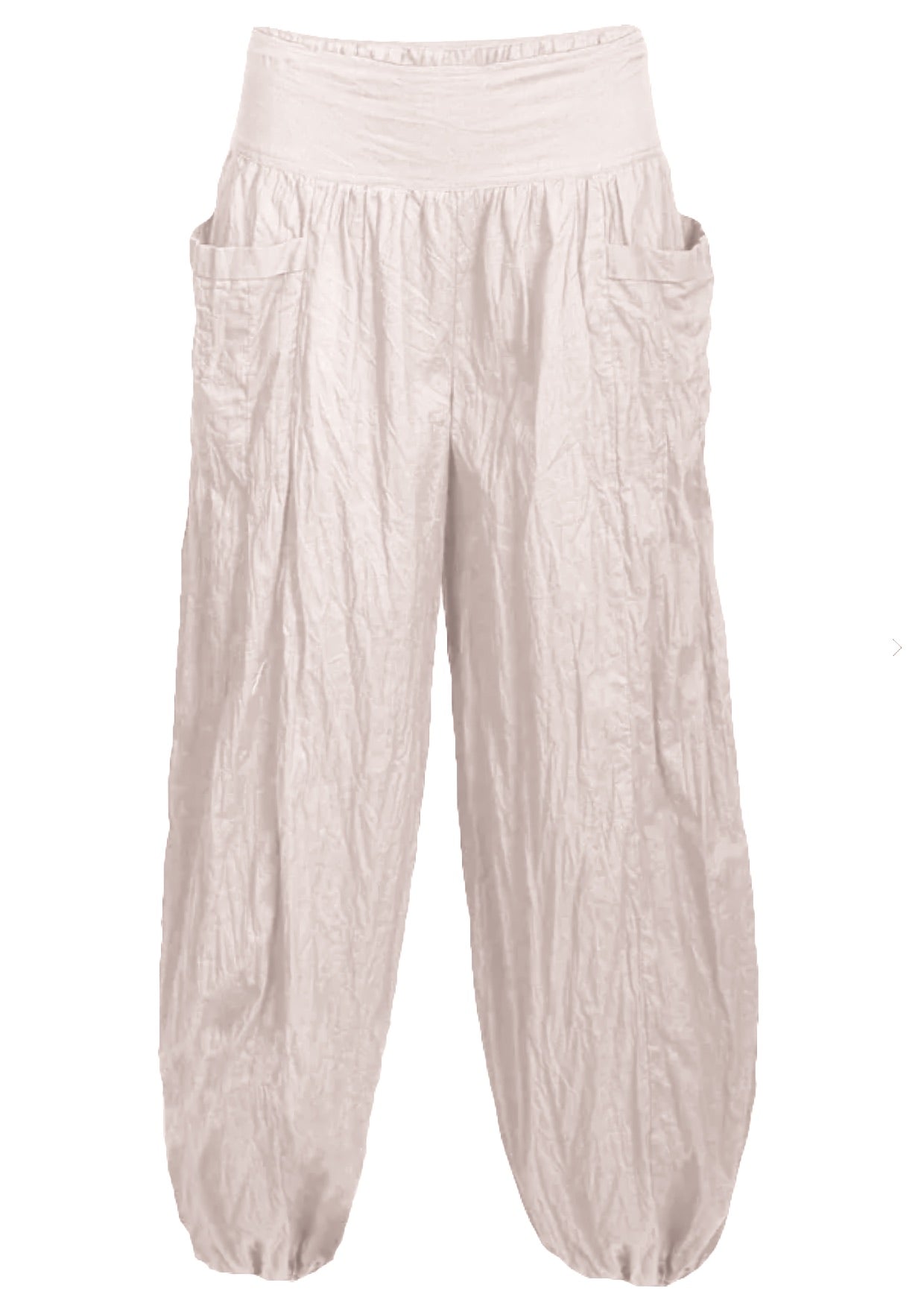 white loose fit 100% cotton pants with wide flat front waistband and pockets