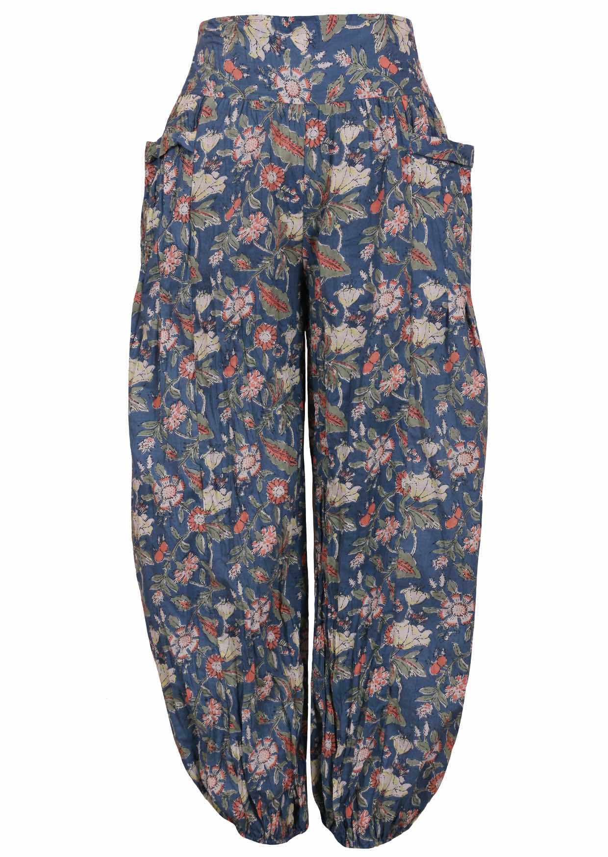 Floral Cotton harem pants in dusty blue with deep pockets, elasticated ankles and flat wide front waistband 