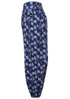 Navy blue based floral print cotton harem pants with elasticated back waistband.