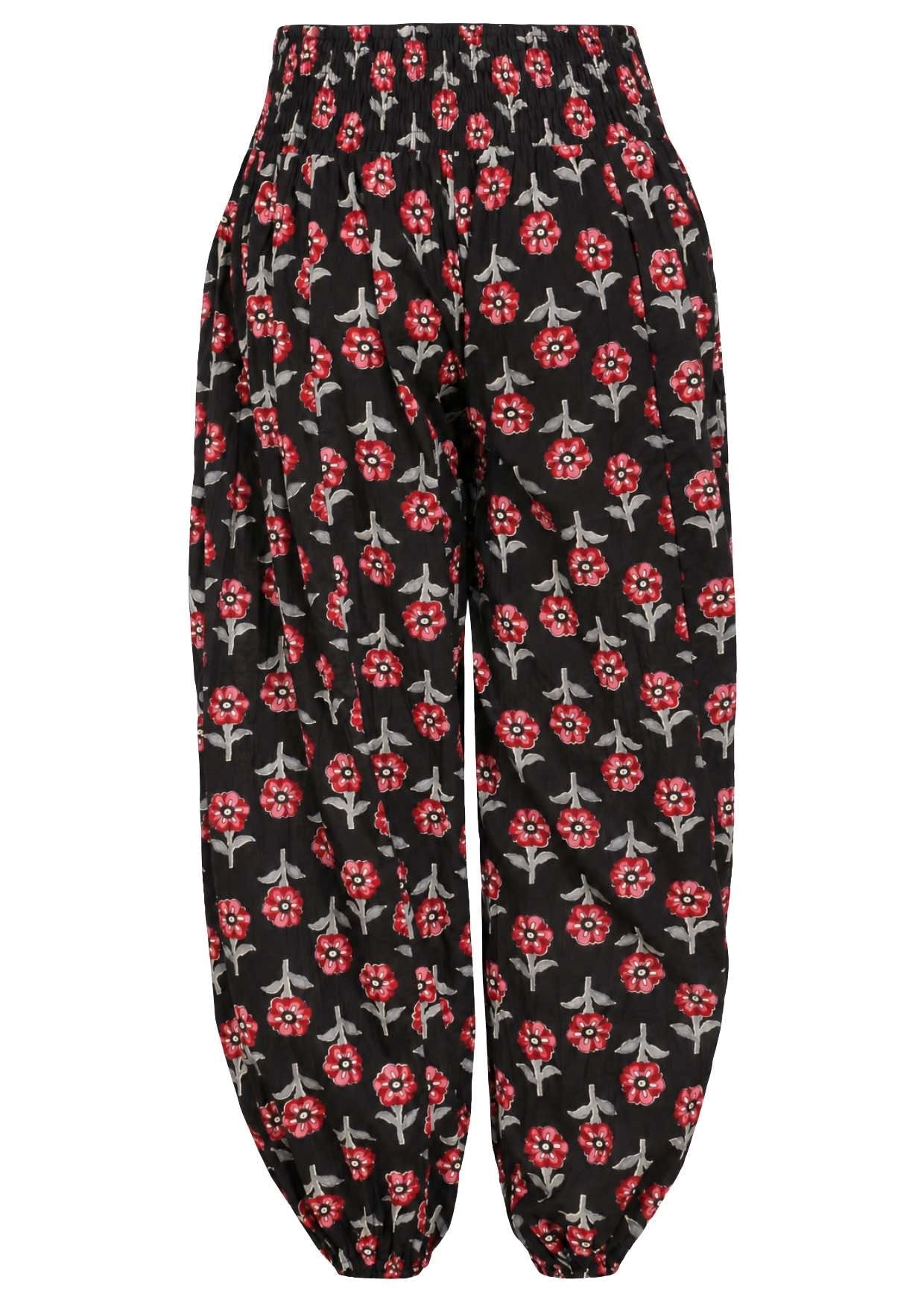 Black based floral print harem cotton pants with buttoned ankles.