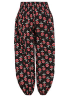 Black based floral print harem cotton pants with buttoned ankles.