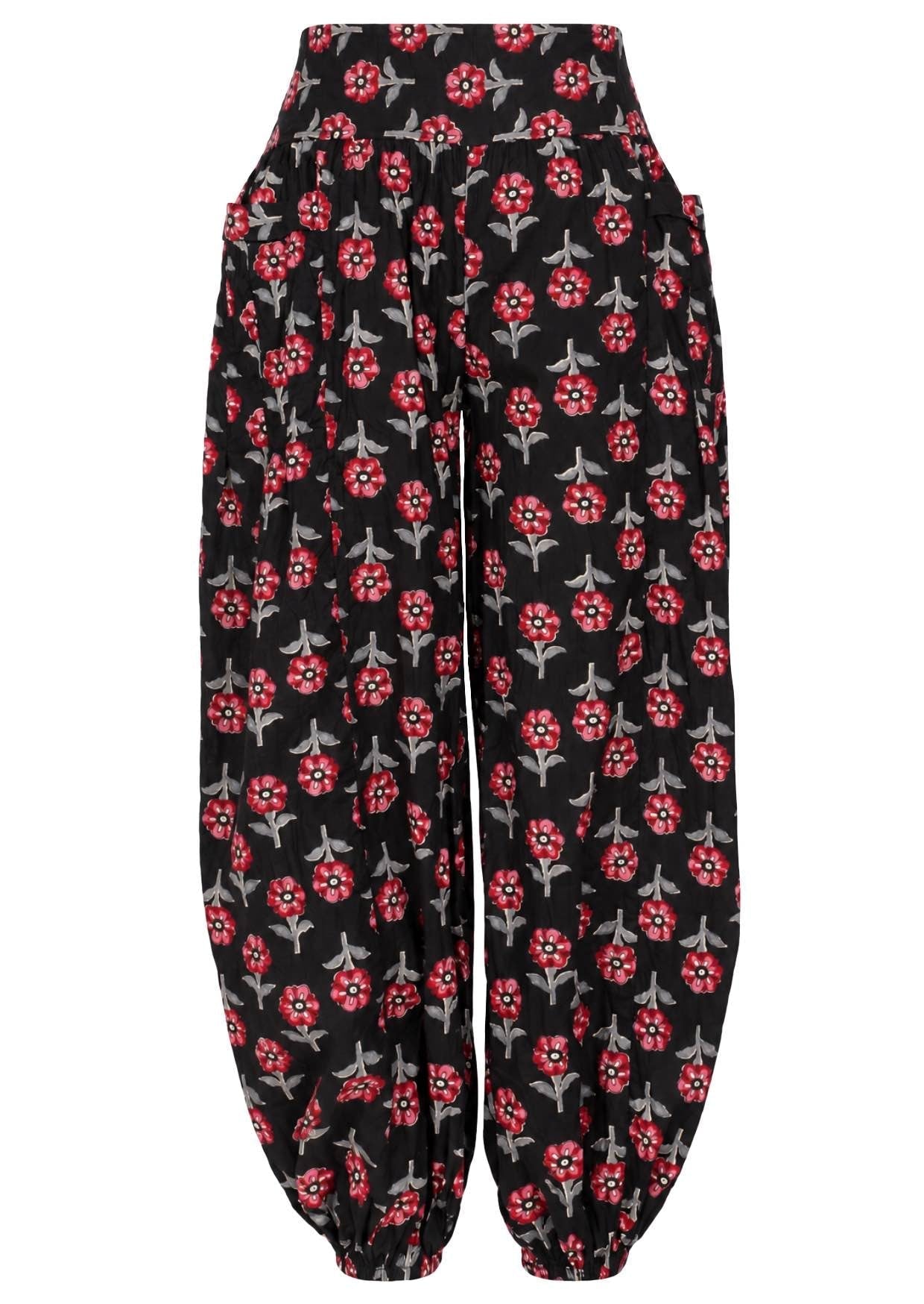 Black based floral print cotton harem pants with buttoned ankles with pockets.