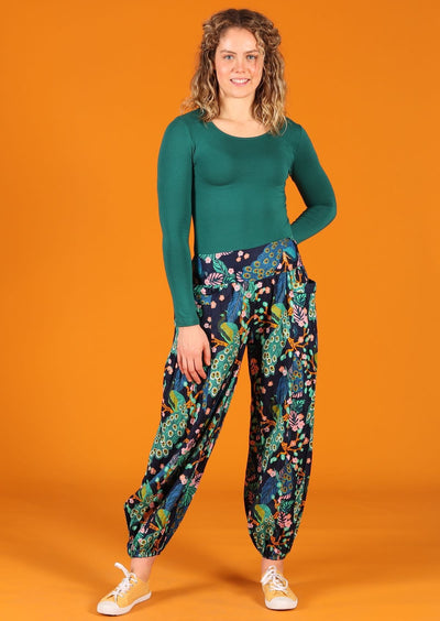 lightweight cotton peacock print pants with pockets