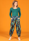 Pilot Pants Peacock 100% cotton blue green peacock print on navy base elasticised ankle and waistband with pockets | Karma East Australia