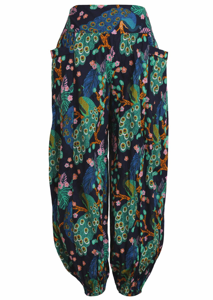 Pilot Pants Peacock 100% cotton blue green peacock print on navy base elasticised ankle and waistband with pockets | Karma East Australia